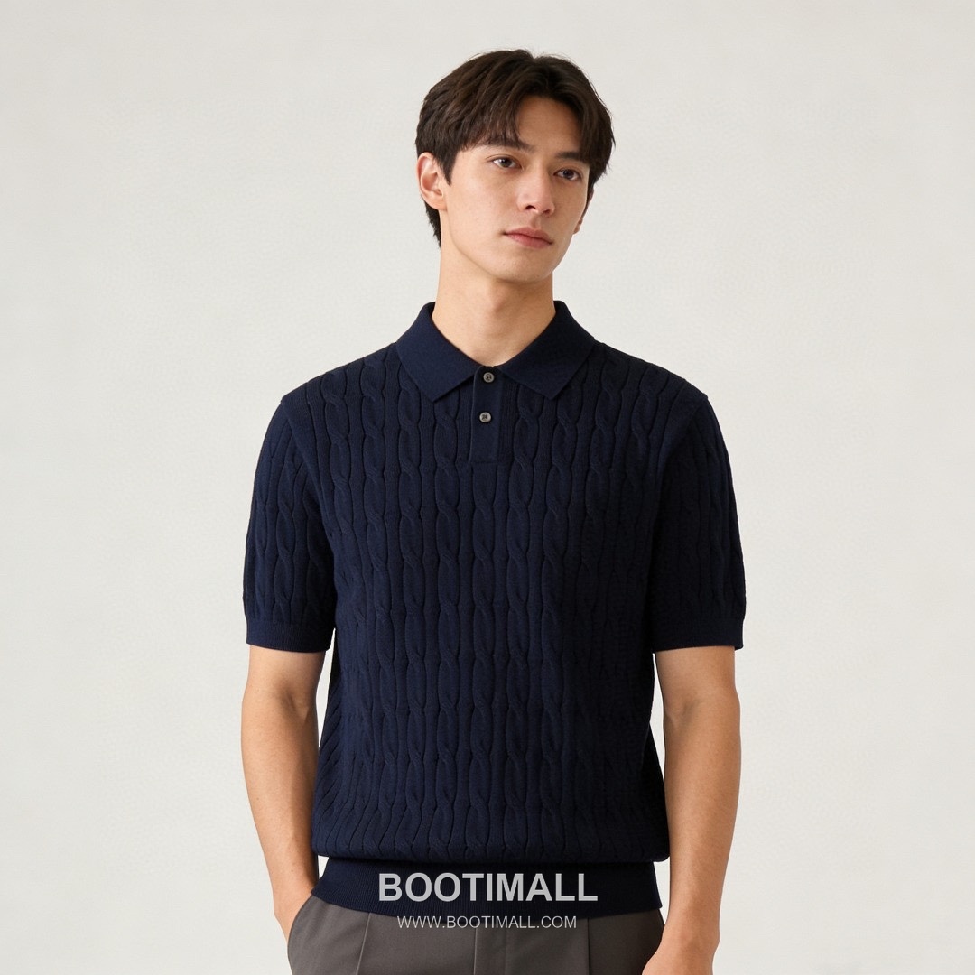 Loro Piana Cable Knit Long Staple Cotton Short Sleeve Polo Shirt 로로피아나 케이블 니트 롱스테이플 코튼 반팔 폴로 셔츠 4