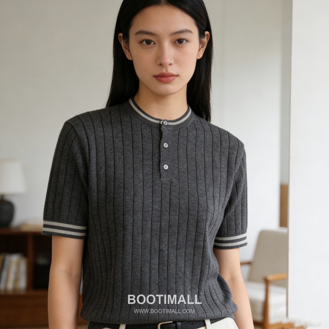 Brunello Cucinelli Cable Henley Knit Tee Linen Cotton Blend Dark Green Short Sleeve 브루넬로 쿠치넬리 케이블 헨리 니트 티 리넨 코튼 블렌드 다크그린 반팔 티셔츠 2