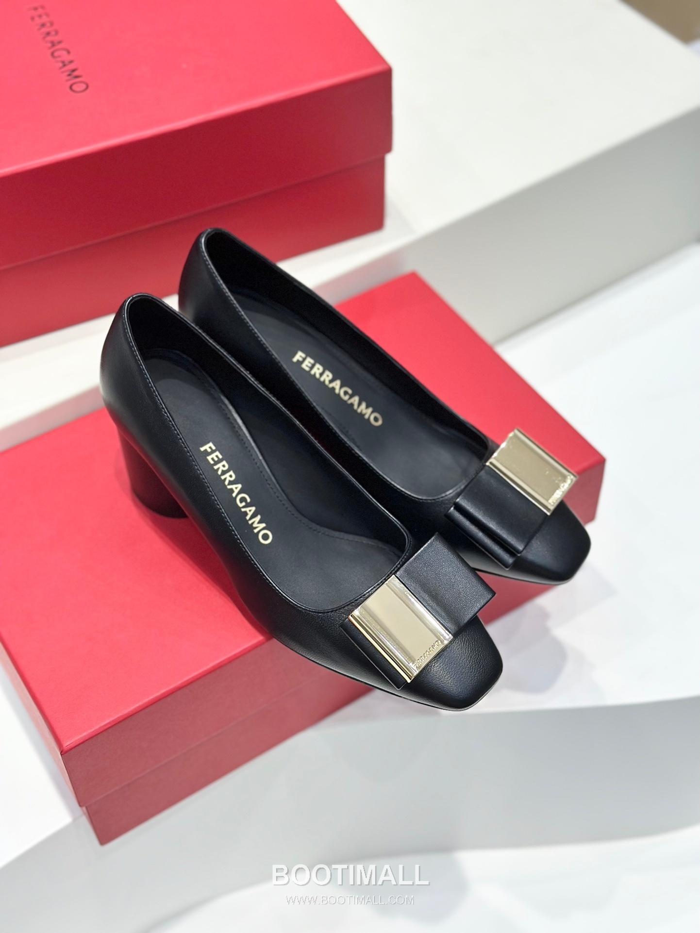 Salvatore Ferragamo Double Bow Nappa Leather Block Heel Pumps 살바토레 페라가모 더블 리본 나파 레더 블록 힐 펌프스 504845 6cm 7