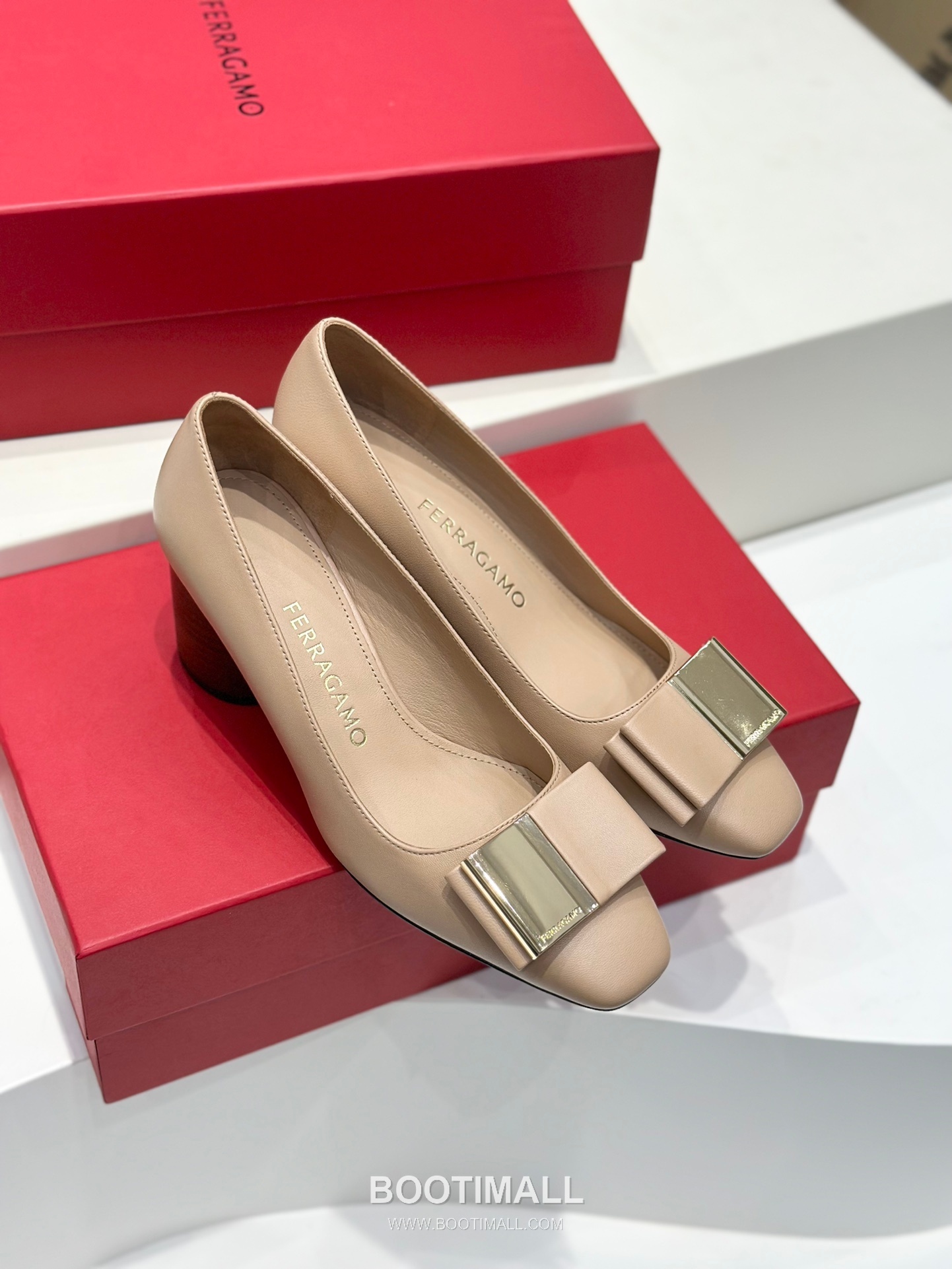 Salvatore Ferragamo Double Bow Nappa Leather Block Heel Pumps 살바토레 페라가모 더블 리본 나파 레더 블록 힐 펌프스 504845 6cm 7