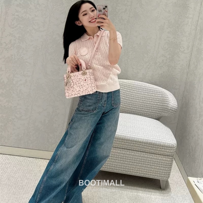 Dior Rococo CD Mother-of-Pearl Button Ribbed Cable-Knit Pink Short Sleeve Knit Top 디올 로코코 CD 자개 버튼 리브 케이블 니트 핑크 반팔 탑 6