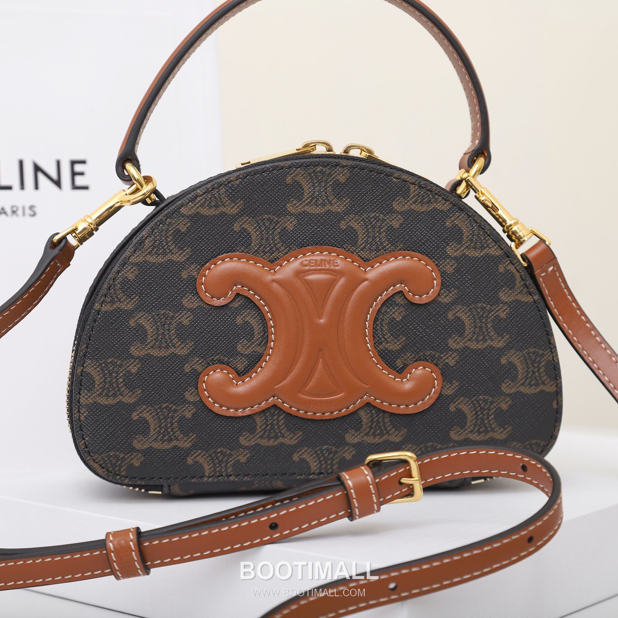 Celine Triomphe Monogram Half-Moon Italian Cowhide Brown Top Handle Bag 셀린느 트리옹프 모노그램 하프문 10K642 이탈리아 소가죽 브라운 탑핸들백 18cm 14
