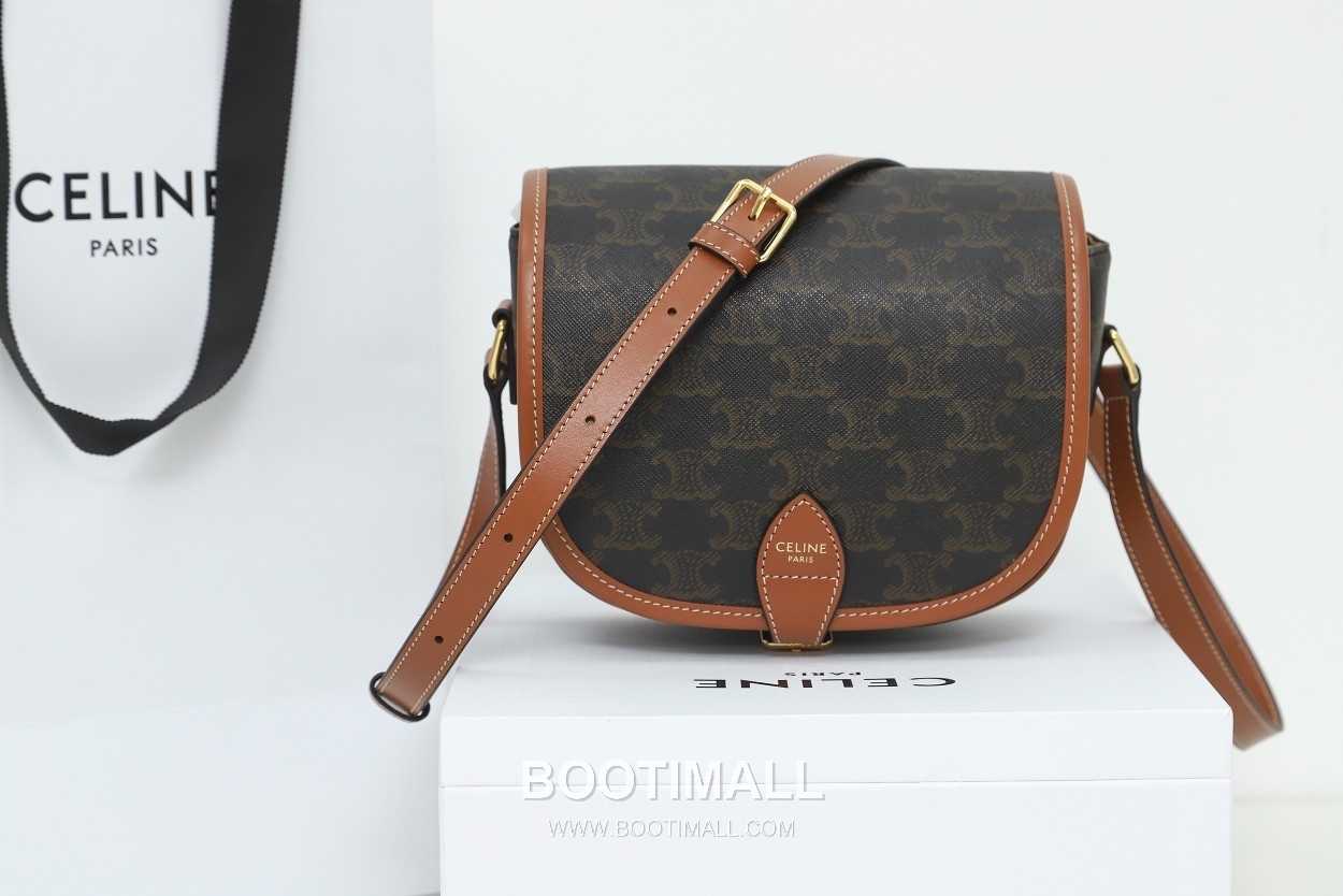 Celine Triomphe Monogram Saddle 191502 Canvas with Italian Cowhide Trim Brown Shoulder Bag 셀린느 트리옹프 모노그램 새들 191502 캔버스 이탈리아 소가죽 트리밍 브라운 숄더백 18cm 14
