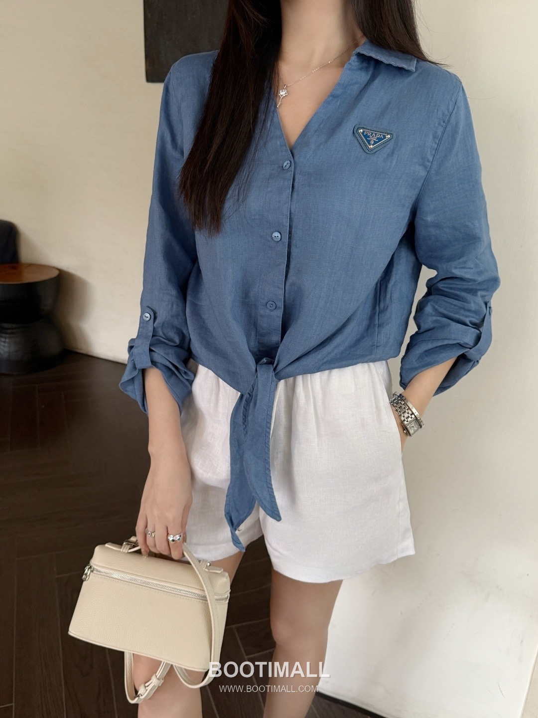 Prada SS26 Linen Cotton Knot Hem 3/4 Sleeve Shirt 프라다 리넨 코튼 매듭 헴 7부 슬리브 셔츠 2