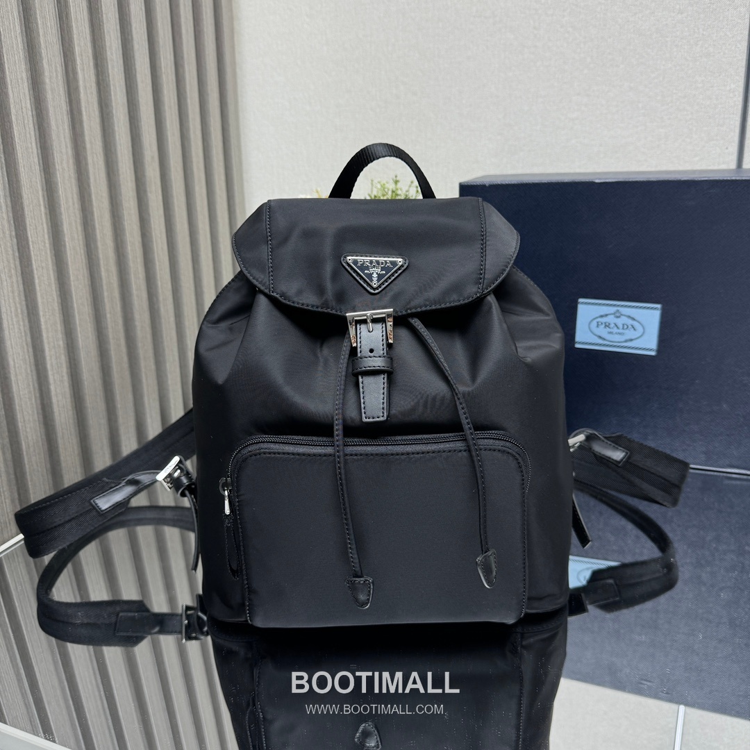 Prada Triangle Logo Nylon Backpack with Front Zip Pocket and Calfskin Trim 프라다 트라이앵글 로고 나일론 지퍼 포켓 백팩 카프스킨 트림 1BZ832 27cm 1