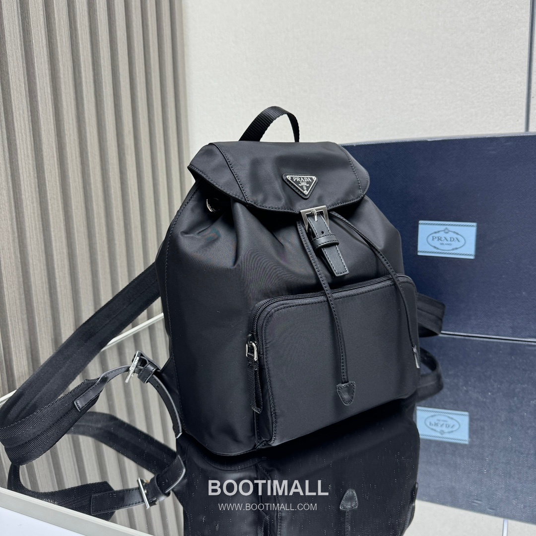 Prada Triangle Logo Nylon Backpack with Front Zip Pocket and Calfskin Trim 프라다 트라이앵글 로고 나일론 지퍼 포켓 백팩 카프스킨 트림 1BZ832 27cm 2