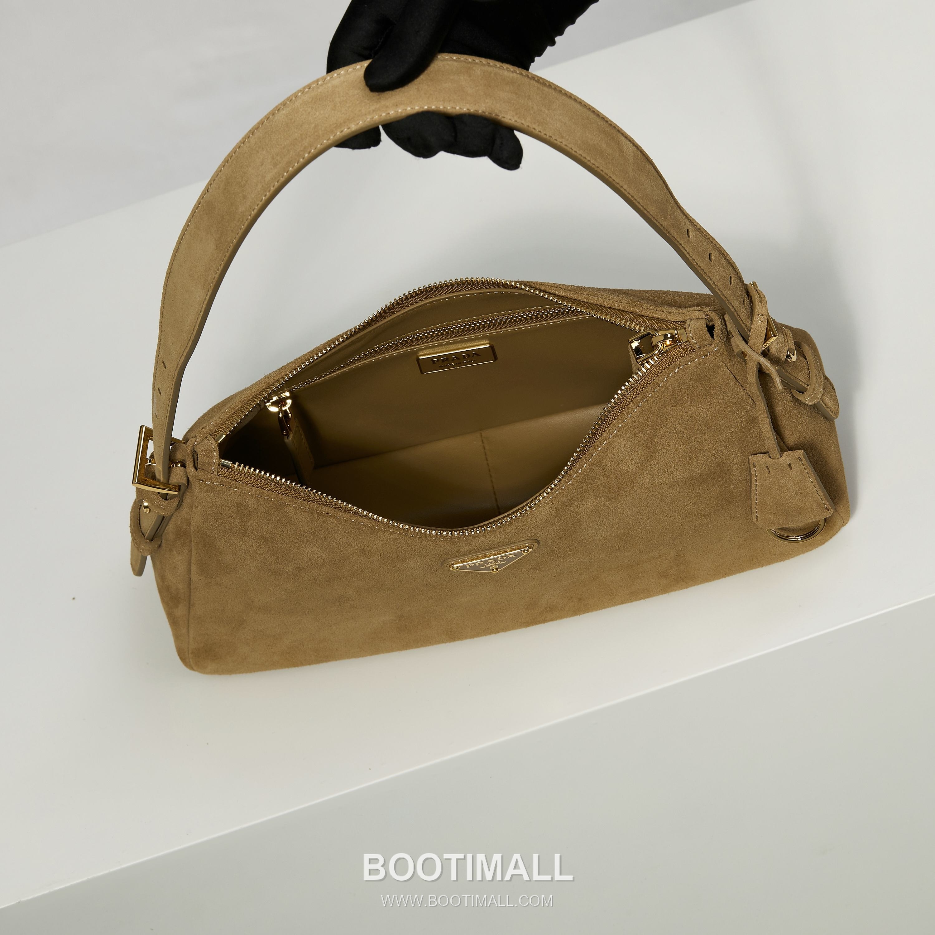 Prada Aimee Suede Leather Hobo Shoulder Bag with Zip Closure and Logo Detail 프라다 에이미 스웨이드 레더 호보 숄더백 지퍼 클로저 로고 디테일 1BC229 31cm 9