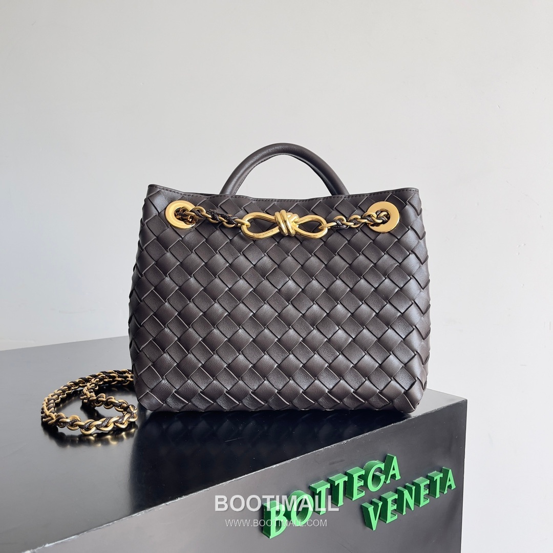 Bottega Veneta Andiamo Intrecciato Leather Chain Shoulder Bag with Brass Chain Detail 보테가베네타 안디아모 인트레치아토 가죽 체인 숄더백 황동 체인 25cm 1