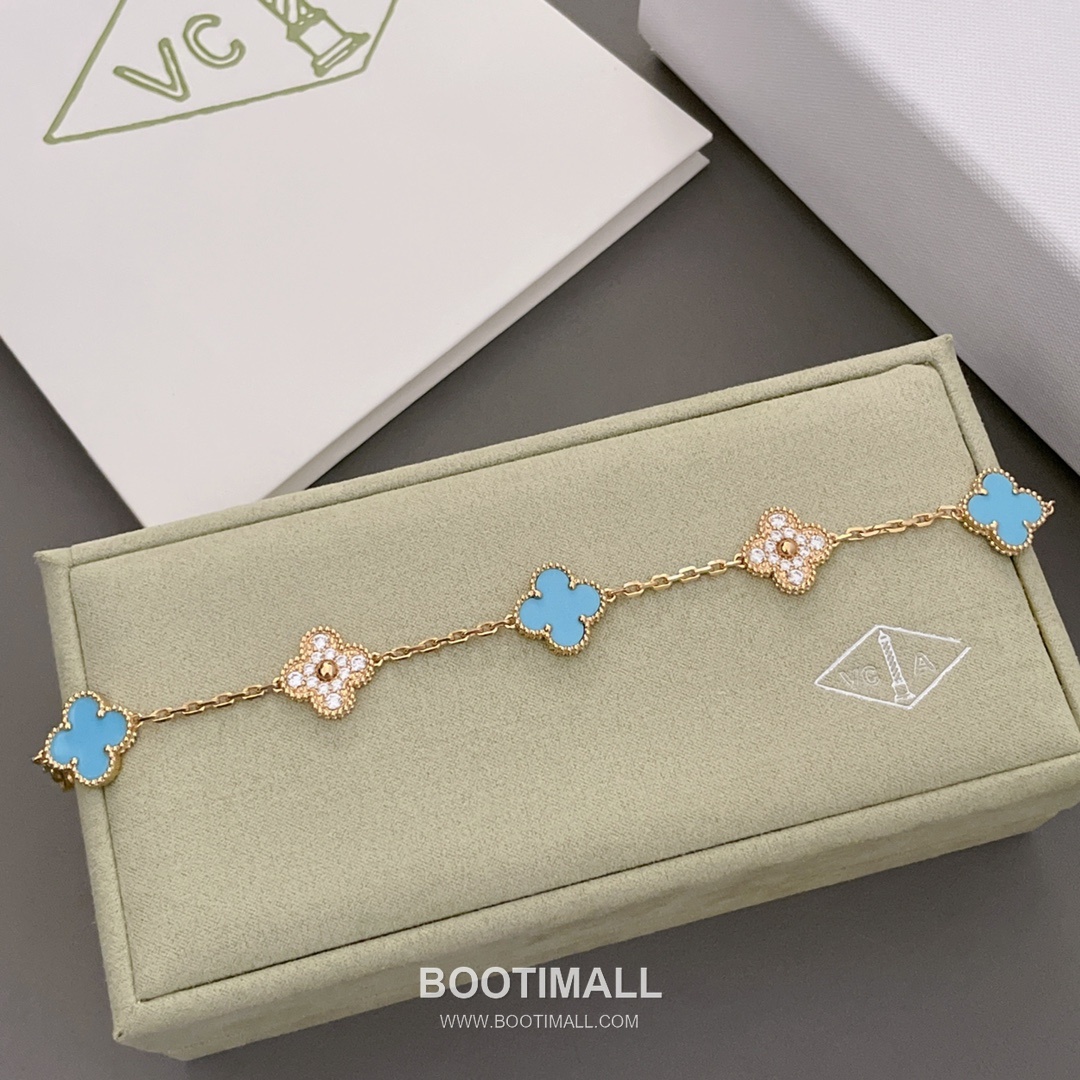 Van Cleef & Arpels Vintage Alhambra Turquoise Diamond 5 Motifs Bracelet 반클리프 앤 아펠 빈티지 알함브라 터키석 다이아몬드 5모티프 브레이슬릿 5