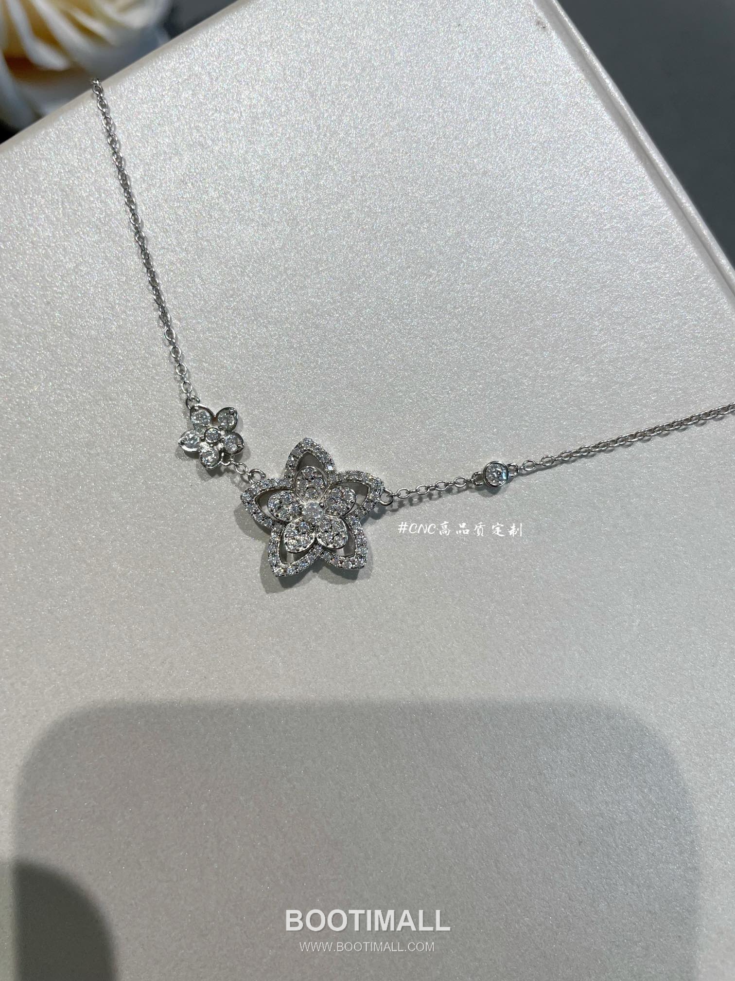 Graff Wild Flower Double Bloom Sterling Silver 925 Gold Plated Crystal Pendant Chain Necklace 그라프 와일드 플라워 더블 블룸 스털링 실버 925 골드도금 크리스탈 펜던트 체인 네클리스 45cm 14