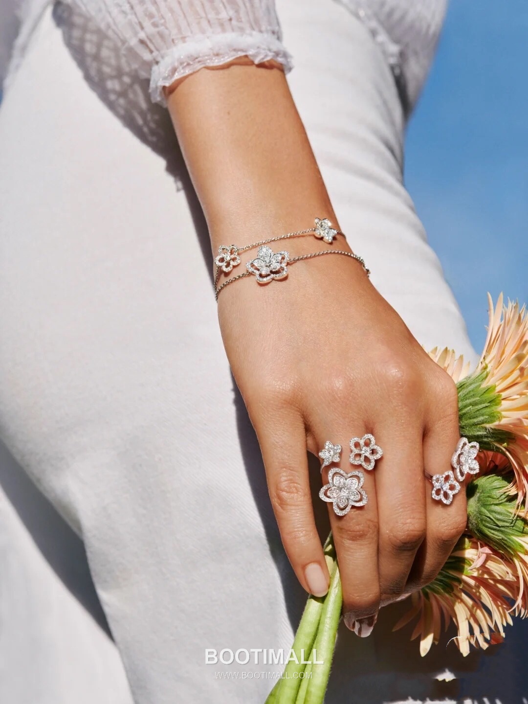 Graff Wild Flower Double Bloom Sterling Silver 925 Gold Plated Crystal Ring 그라프 와일드 플라워 더블 블룸 스털링 실버 925 골드도금 크리스탈 링 6호 6