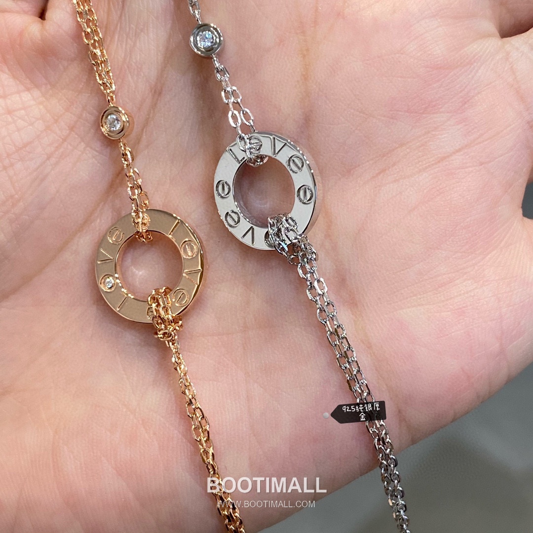 Cartier Love Double Chain Brass Crystal Bracelet with Engraved Logo Pendant 까르띠에 러브 더블 체인 황동 크리스탈 브레이슬릿 인그레이빙 로고 펜던트 17cm 18