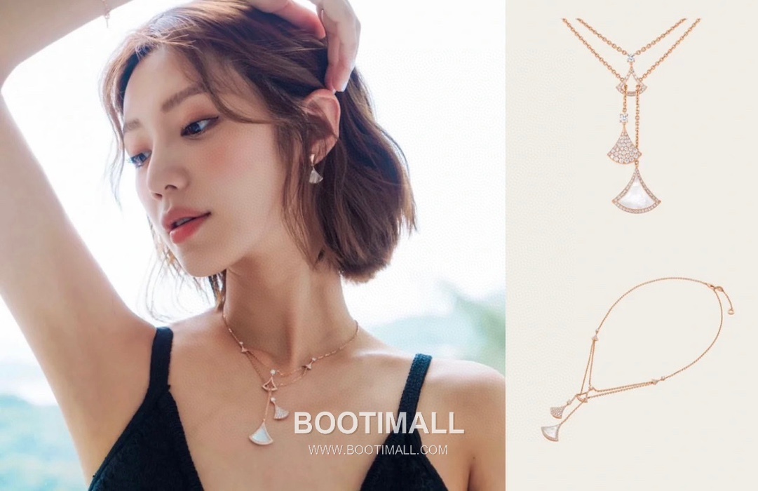 Bvlgari Divas' Dream Brass Gold Plated Necklace with Fan Pendant and Mother of Pearl 불가리 디바스 드림 황동 베이스 금도금 네클리스 팬 펜던트 자개 15