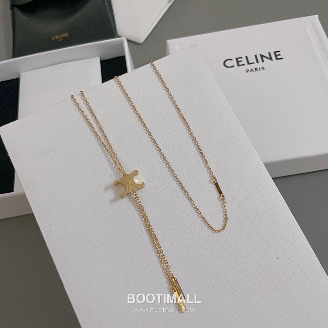 Celine Triomphe Brass Gold Plated Necklace with Logo Pendant Adjustable Chain 셀린느 트리옹프 황동 베이스 금도금 네클리스 로고 펜던트 어저스터블 체인 14