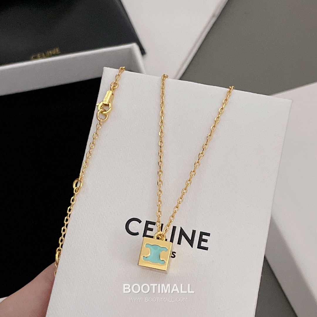 Celine Triomphe Brass Gold Plated Necklace with Enamel Square Pendant 셀린느 트리옹프 황동 베이스 금도금 네클리스 에나멜 스퀘어 펜던트 10