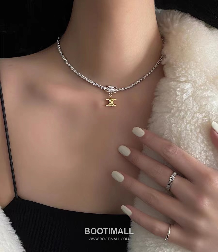 Celine Triomphe Brass Gold Plated Necklace with Double Logo Pendant Full Crystal 셀린느 트리옹프 황동 베이스 금도금 네클리스 더블 로고 펜던트 풀 크리스탈 1