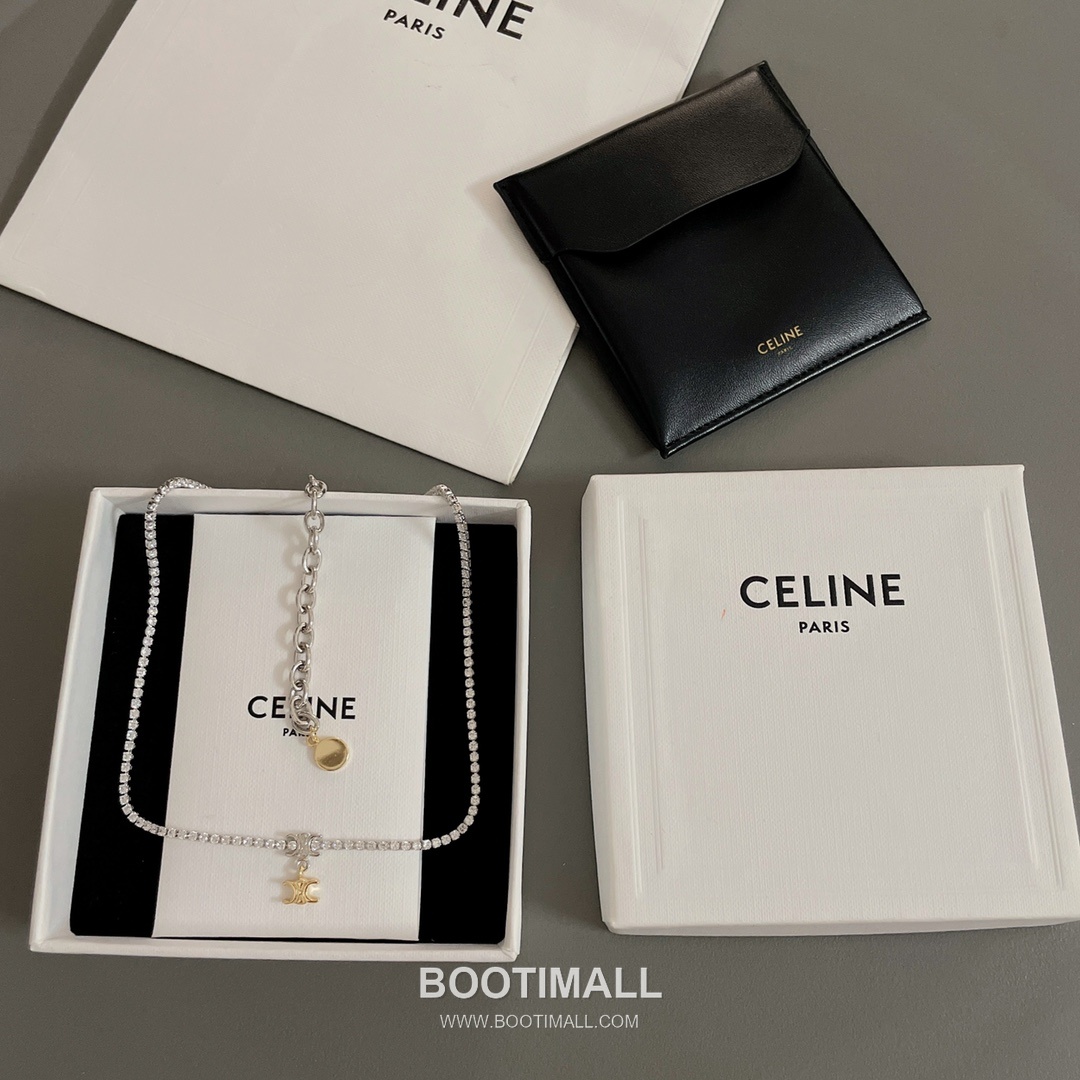 Celine Triomphe Brass Gold Plated Necklace with Double Logo Pendant Full Crystal 셀린느 트리옹프 황동 베이스 금도금 네클리스 더블 로고 펜던트 풀 크리스탈 9