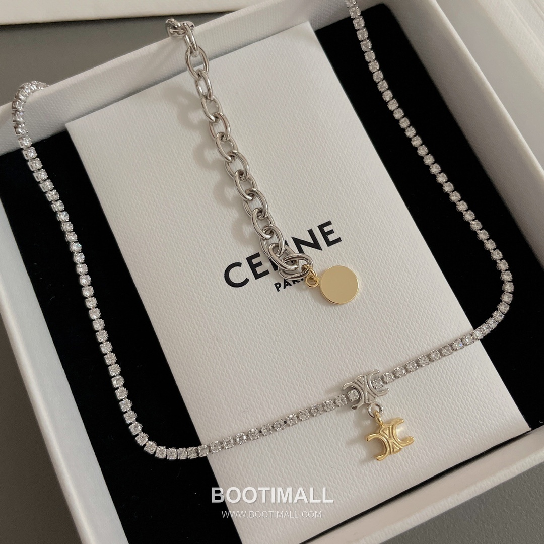 Celine Triomphe Brass Gold Plated Necklace with Double Logo Pendant Full Crystal 셀린느 트리옹프 황동 베이스 금도금 네클리스 더블 로고 펜던트 풀 크리스탈 10