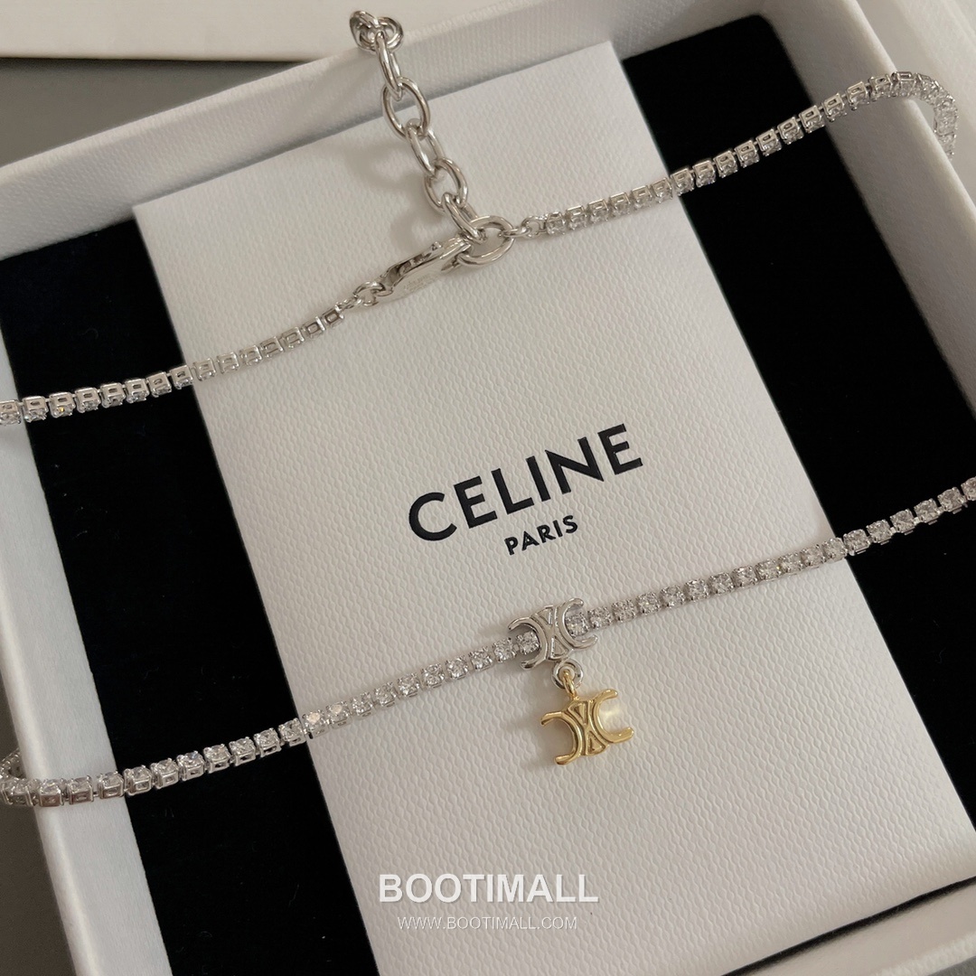 Celine Triomphe Brass Gold Plated Necklace with Double Logo Pendant Full Crystal 셀린느 트리옹프 황동 베이스 금도금 네클리스 더블 로고 펜던트 풀 크리스탈 11