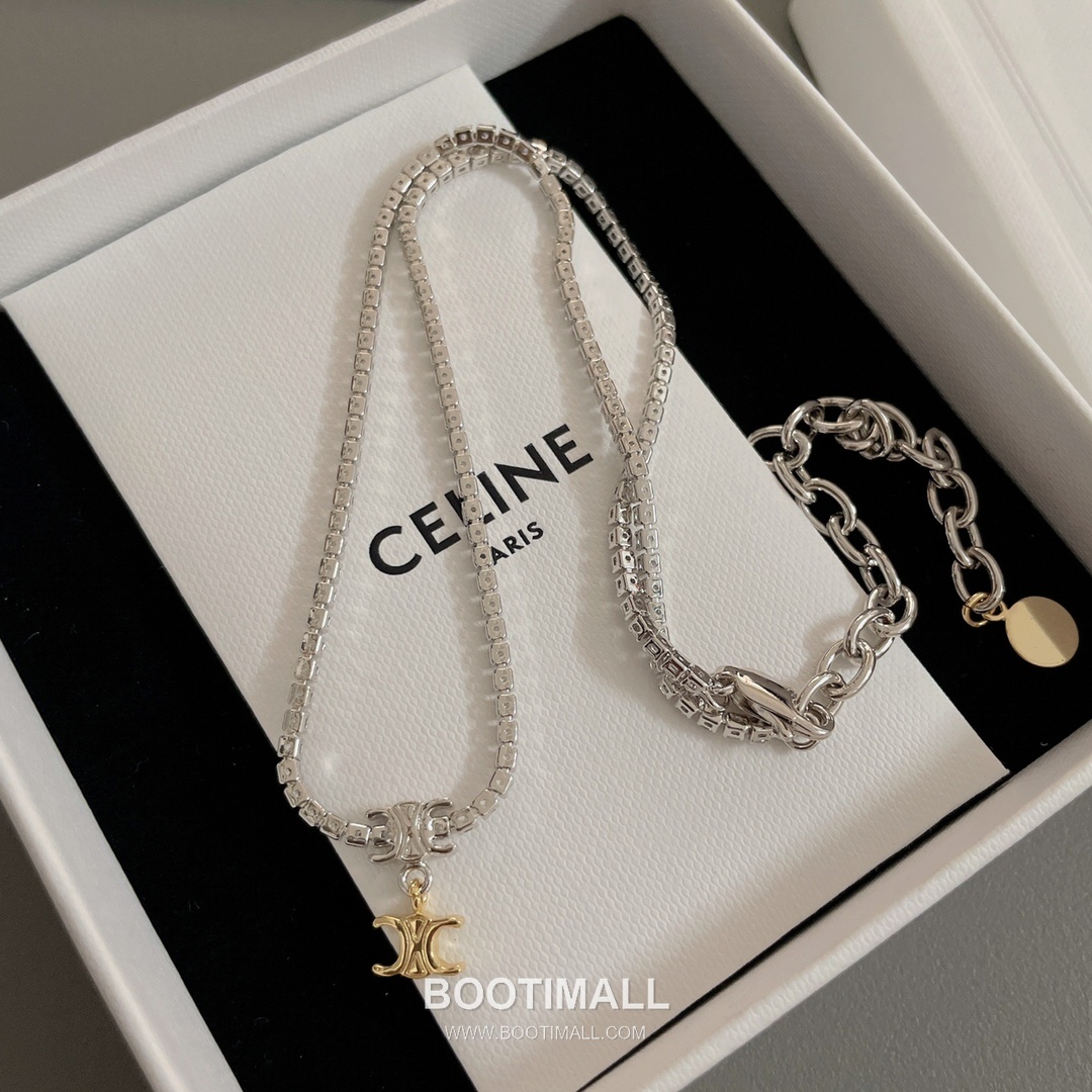 Celine Triomphe Brass Gold Plated Necklace with Double Logo Pendant Full Crystal 셀린느 트리옹프 황동 베이스 금도금 네클리스 더블 로고 펜던트 풀 크리스탈 12