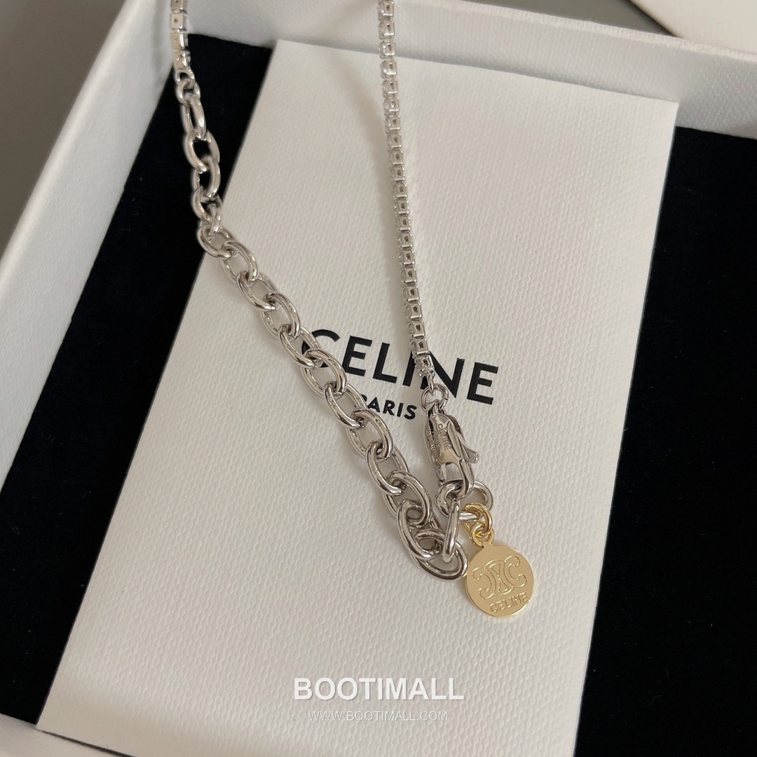 Celine Triomphe Brass Gold Plated Necklace with Double Logo Pendant Full Crystal 셀린느 트리옹프 황동 베이스 금도금 네클리스 더블 로고 펜던트 풀 크리스탈 14