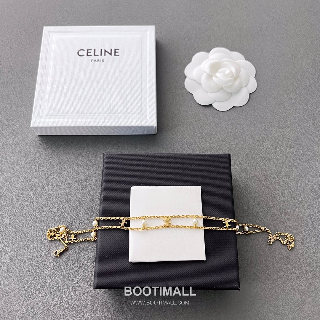 Celine Triomphe Brass Gold Plated Necklace with Double Layer Chain Pearl Pendant 셀린느 트리옹프 황동 베이스 금도금 네클리스 더블 레이어 체인 진주 펜던트 1