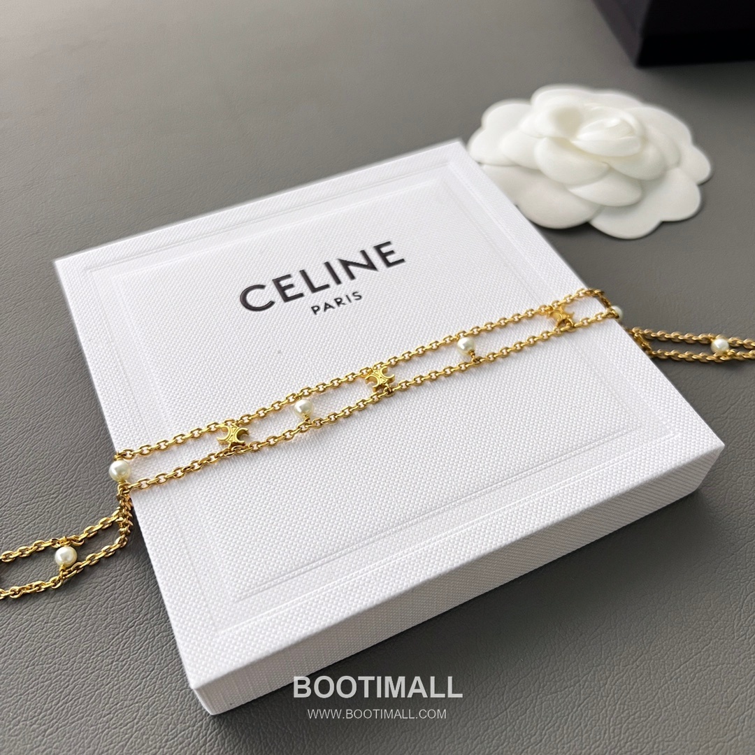 Celine Triomphe Brass Gold Plated Necklace with Double Layer Chain Pearl Pendant 셀린느 트리옹프 황동 베이스 금도금 네클리스 더블 레이어 체인 진주 펜던트 2