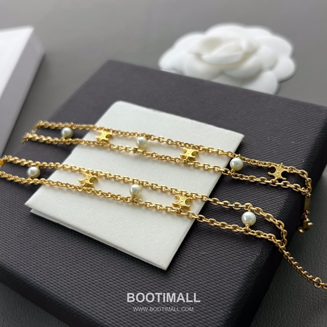Celine Triomphe Brass Gold Plated Necklace with Double Layer Chain Pearl Pendant 셀린느 트리옹프 황동 베이스 금도금 네클리스 더블 레이어 체인 진주 펜던트 3