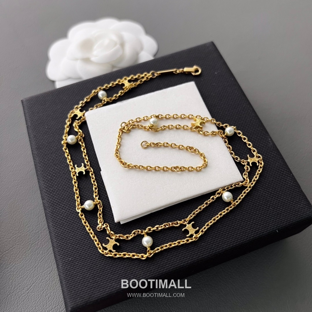 Celine Triomphe Brass Gold Plated Necklace with Double Layer Chain Pearl Pendant 셀린느 트리옹프 황동 베이스 금도금 네클리스 더블 레이어 체인 진주 펜던트 4