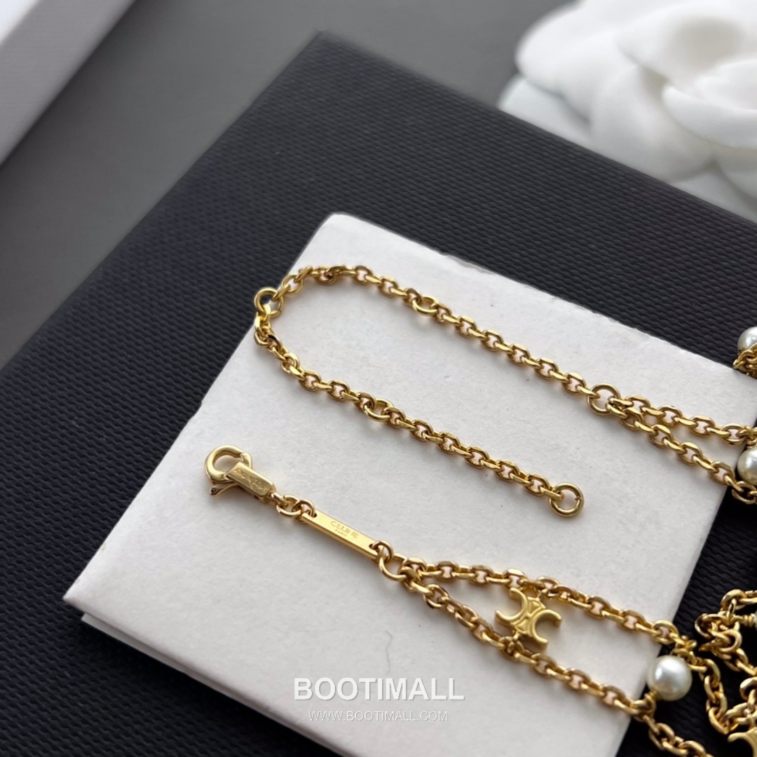 Celine Triomphe Brass Gold Plated Necklace with Double Layer Chain Pearl Pendant 셀린느 트리옹프 황동 베이스 금도금 네클리스 더블 레이어 체인 진주 펜던트 5