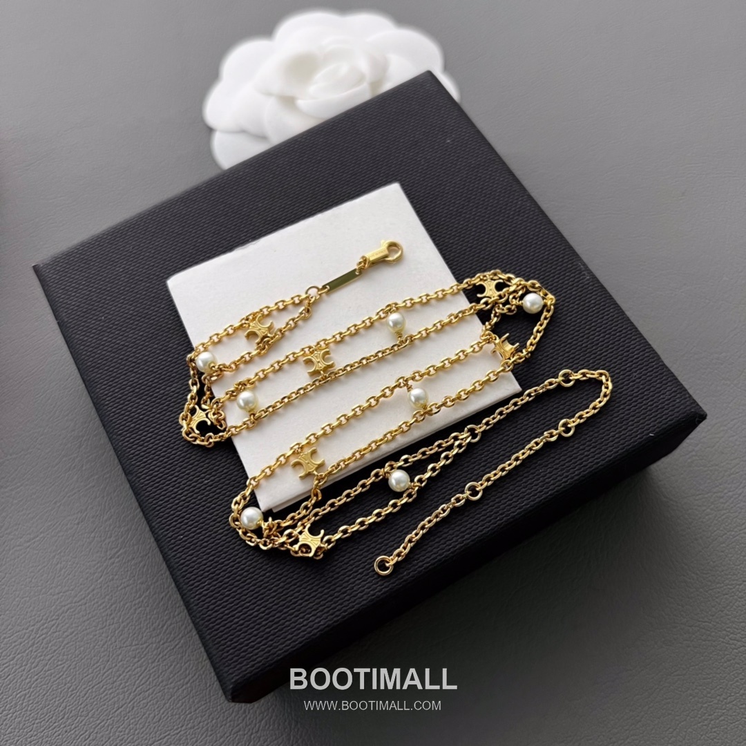Celine Triomphe Brass Gold Plated Necklace with Double Layer Chain Pearl Pendant 셀린느 트리옹프 황동 베이스 금도금 네클리스 더블 레이어 체인 진주 펜던트 6