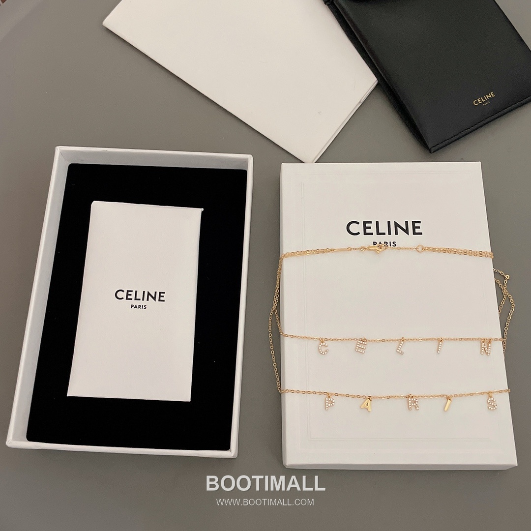 Celine Logo Brass Gold Plated Necklace with Double Layer Chain Full Crystal Letter 셀린느 로고 황동 베이스 금도금 네클리스 더블 레이어 체인 풀 크리스탈 레터 4