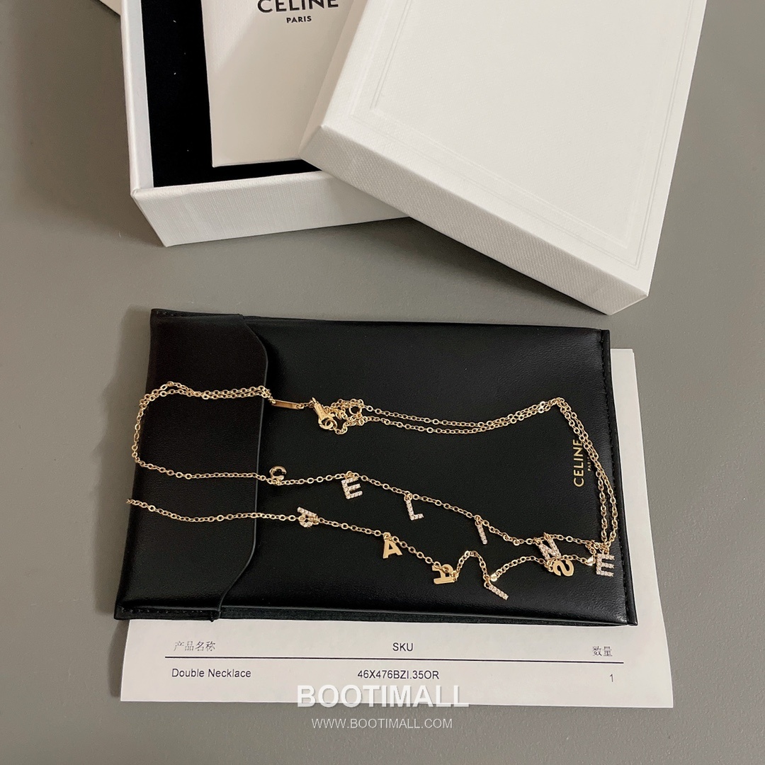 Celine Logo Brass Gold Plated Necklace with Double Layer Chain Full Crystal Letter 셀린느 로고 황동 베이스 금도금 네클리스 더블 레이어 체인 풀 크리스탈 레터 5