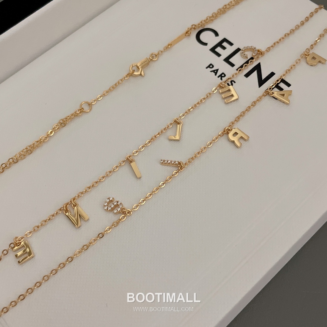 Celine Logo Brass Gold Plated Necklace with Double Layer Chain Full Crystal Letter 셀린느 로고 황동 베이스 금도금 네클리스 더블 레이어 체인 풀 크리스탈 레터 6