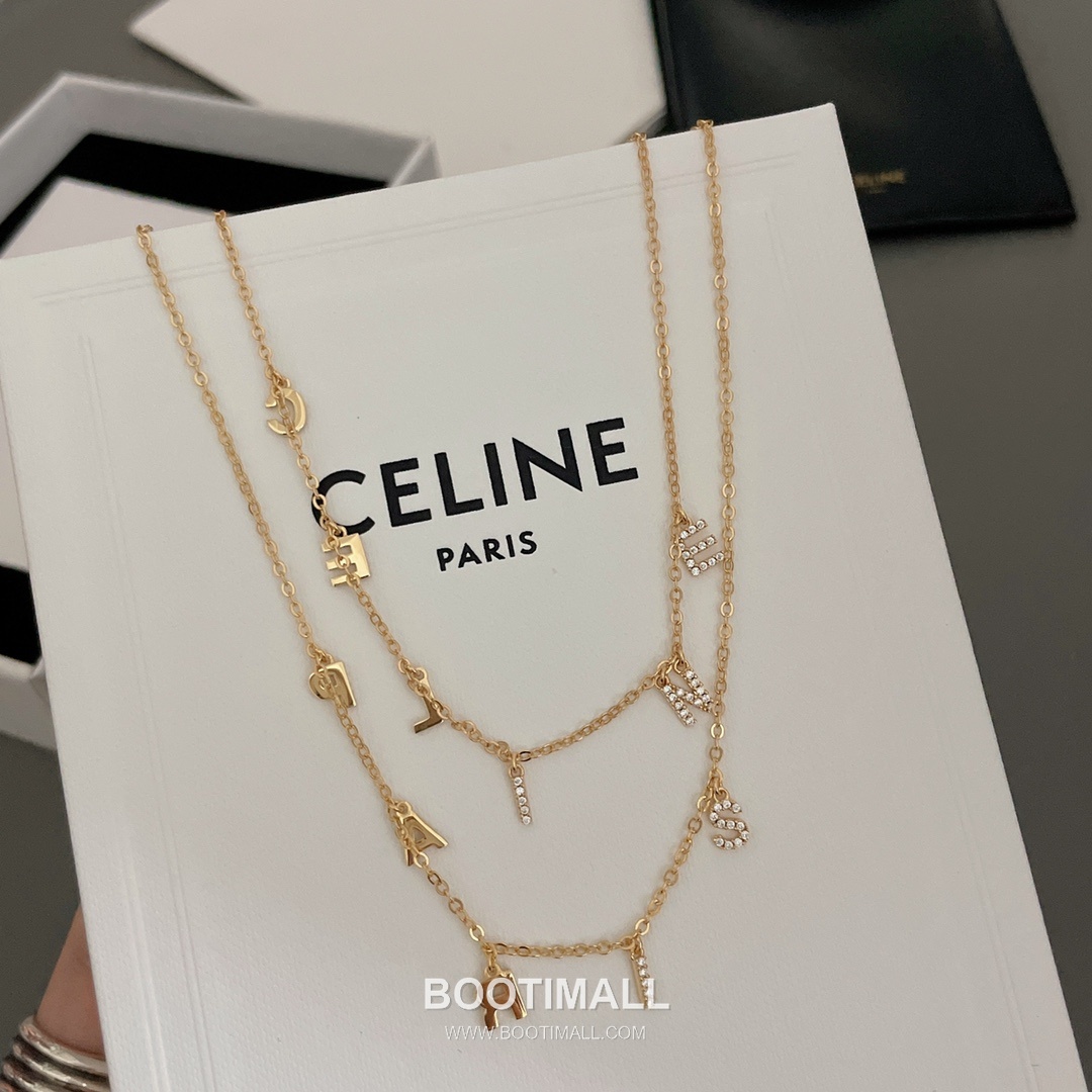 Celine Logo Brass Gold Plated Necklace with Double Layer Chain Full Crystal Letter 셀린느 로고 황동 베이스 금도금 네클리스 더블 레이어 체인 풀 크리스탈 레터 8