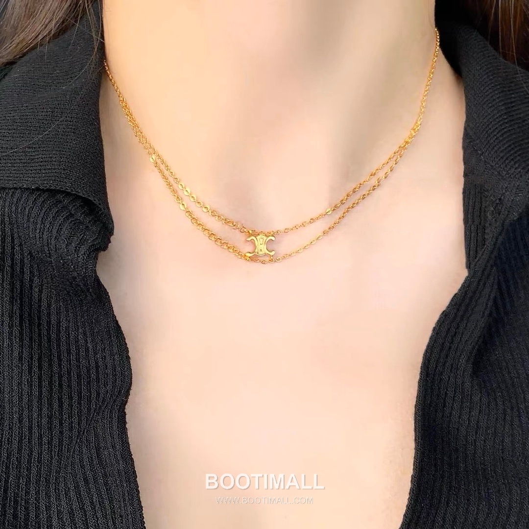 Celine Triomphe Brass Gold Plated Necklace with Double Layer Chain Logo Pendant 셀린느 트리옹프 황동 베이스 금도금 네클리스 더블 레이어 체인 로고 펜던트 1