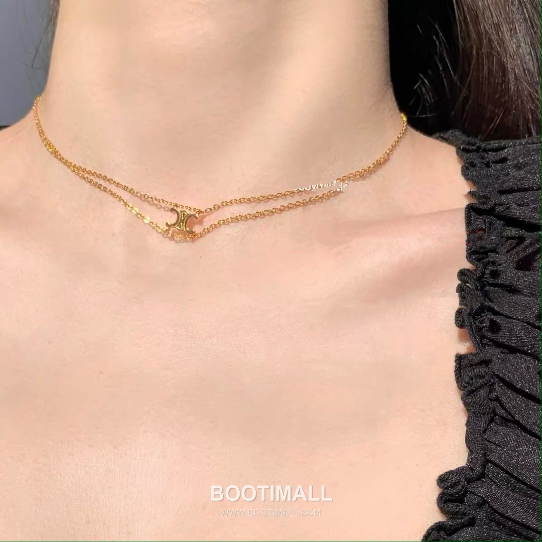 Celine Triomphe Brass Gold Plated Necklace with Double Layer Chain Logo Pendant 셀린느 트리옹프 황동 베이스 금도금 네클리스 더블 레이어 체인 로고 펜던트 2