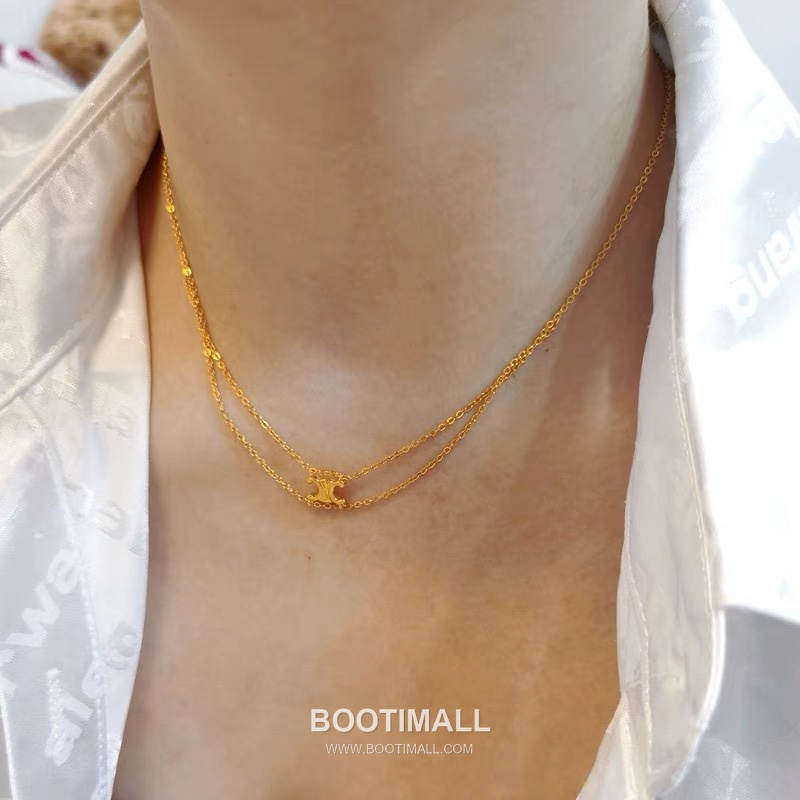 Celine Triomphe Brass Gold Plated Necklace with Double Layer Chain Logo Pendant 셀린느 트리옹프 황동 베이스 금도금 네클리스 더블 레이어 체인 로고 펜던트 3