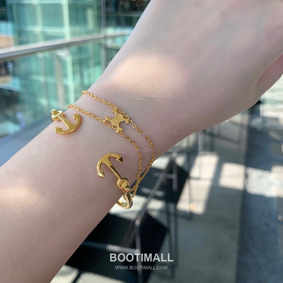 Celine Triomphe Brass Gold Plated Necklace with Double Layer Chain Logo Pendant 셀린느 트리옹프 황동 베이스 금도금 네클리스 더블 레이어 체인 로고 펜던트 8