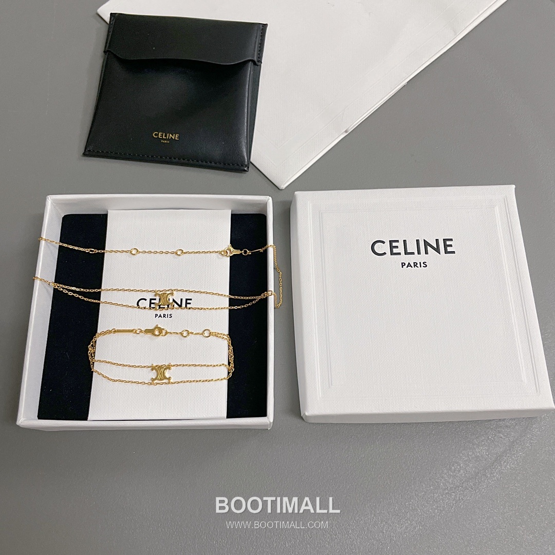 Celine Triomphe Brass Gold Plated Necklace with Double Layer Chain Logo Pendant 셀린느 트리옹프 황동 베이스 금도금 네클리스 더블 레이어 체인 로고 펜던트 10