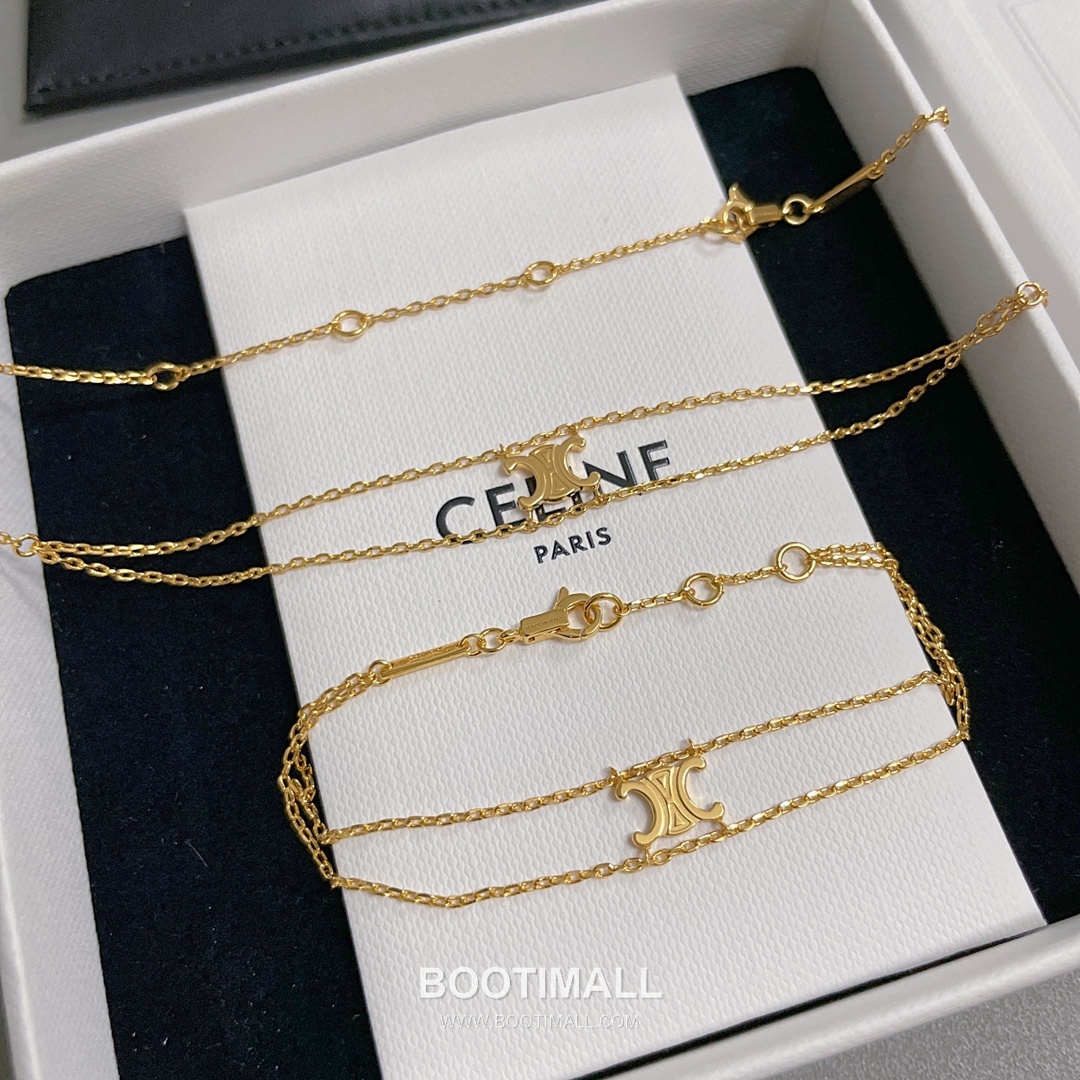 Celine Triomphe Brass Gold Plated Necklace with Double Layer Chain Logo Pendant 셀린느 트리옹프 황동 베이스 금도금 네클리스 더블 레이어 체인 로고 펜던트 11