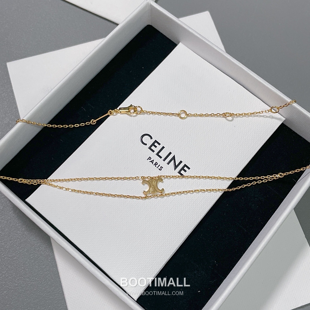 Celine Triomphe Brass Gold Plated Necklace with Double Layer Chain Logo Pendant 셀린느 트리옹프 황동 베이스 금도금 네클리스 더블 레이어 체인 로고 펜던트 12