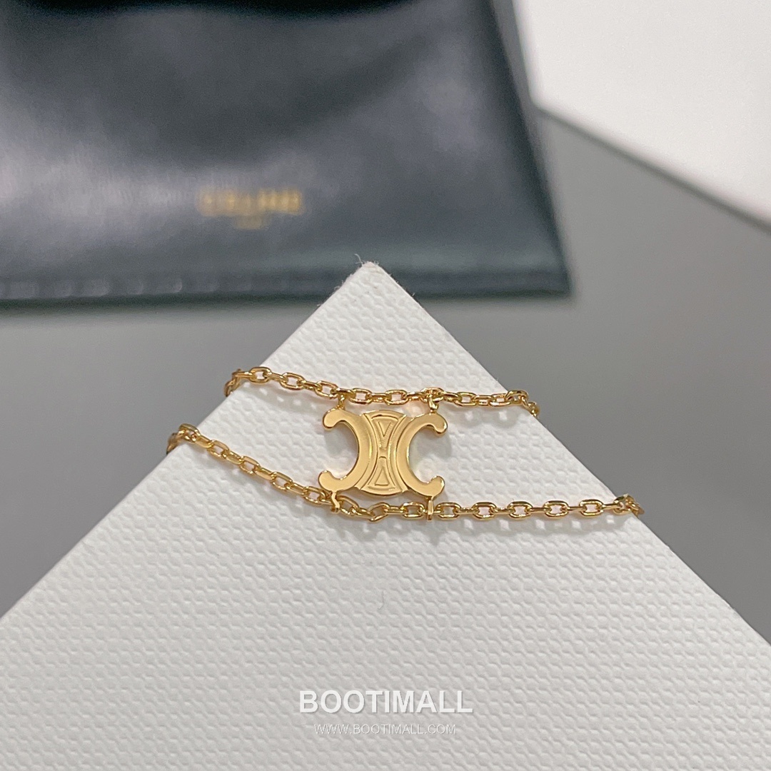Celine Triomphe Brass Gold Plated Necklace with Double Layer Chain Logo Pendant 셀린느 트리옹프 황동 베이스 금도금 네클리스 더블 레이어 체인 로고 펜던트 14
