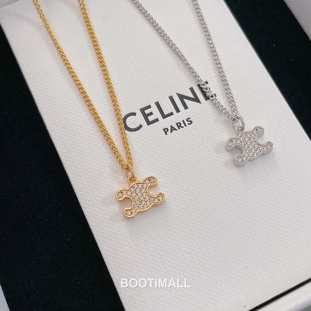 Celine Triomphe Brass Gold Plated Necklace with Full Crystal Logo Pendant 셀린느 트리옹프 황동 베이스 금도금 네클리스 풀 크리스탈 로고 펜던트 6