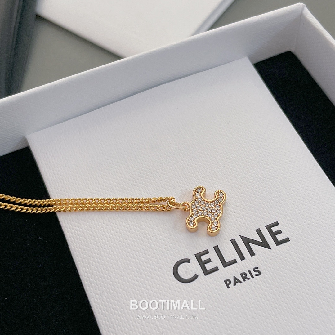 Celine Triomphe Brass Gold Plated Necklace with Full Crystal Logo Pendant 셀린느 트리옹프 황동 베이스 금도금 네클리스 풀 크리스탈 로고 펜던트 9