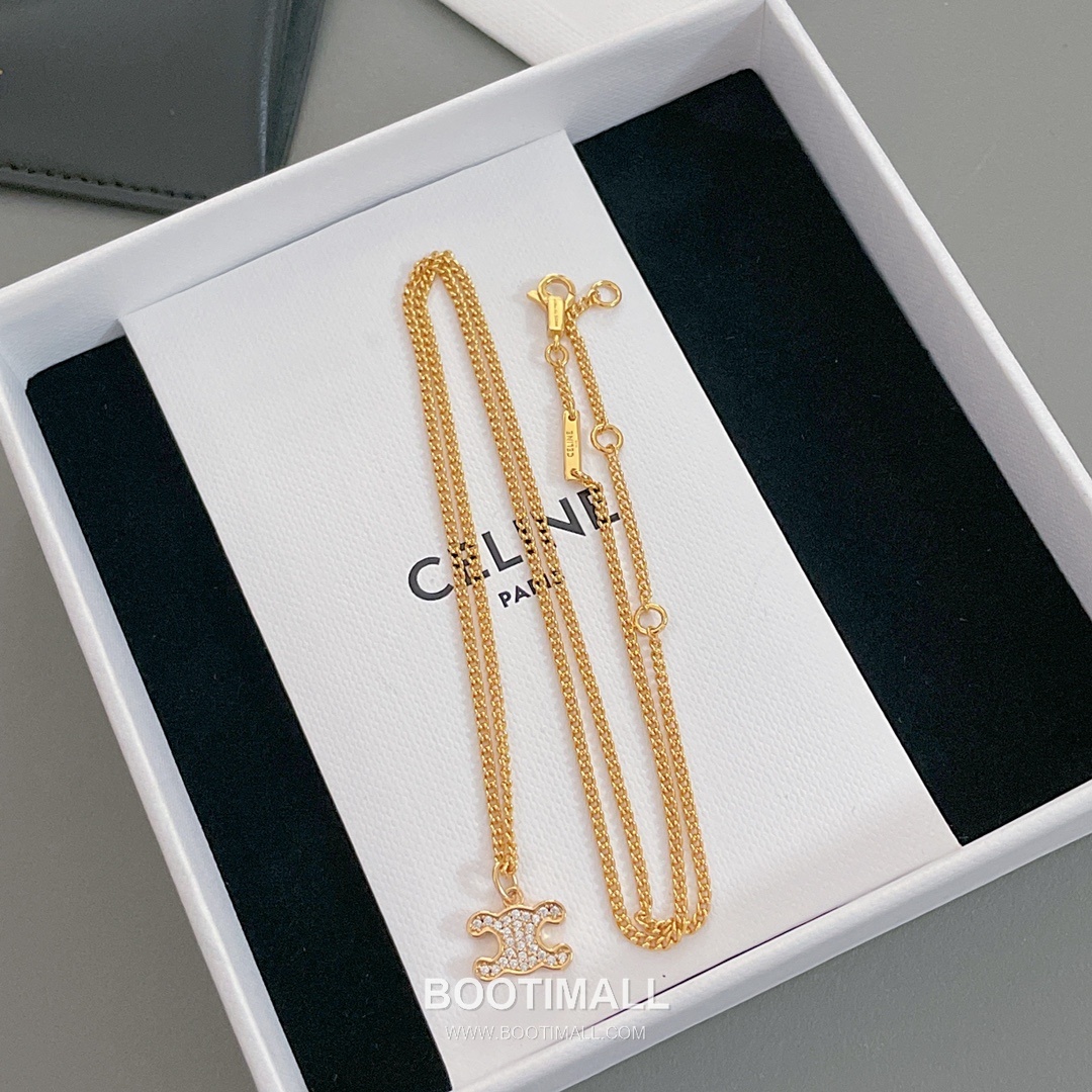 Celine Triomphe Brass Gold Plated Necklace with Full Crystal Logo Pendant 셀린느 트리옹프 황동 베이스 금도금 네클리스 풀 크리스탈 로고 펜던트 10