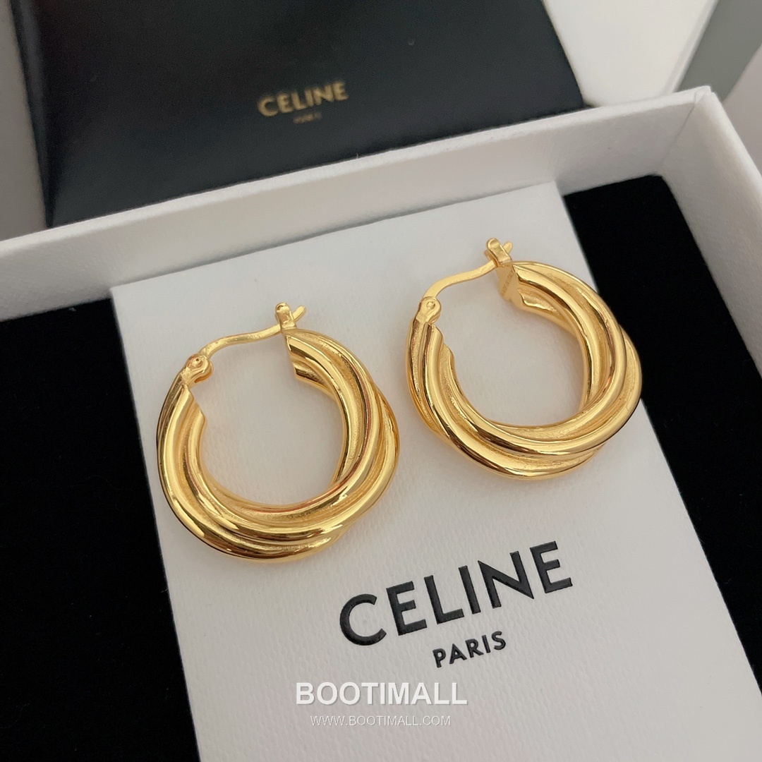 Celine Brass Gold Plated Earring with Triple Hoop Design 셀린느 황동 베이스 금도금 이어링 트리플 후프 디자인 11