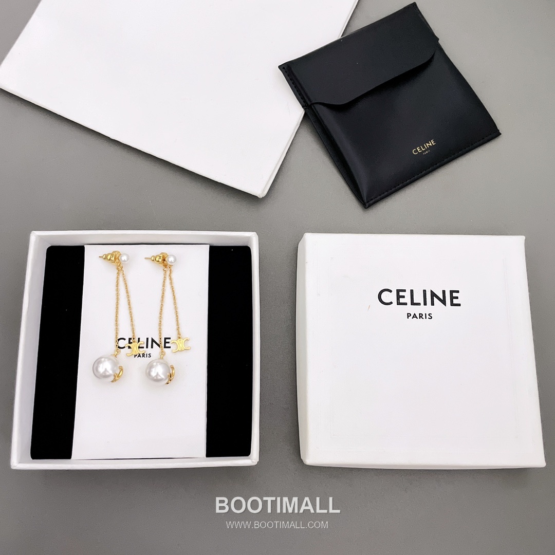 Celine Triomphe Brass Gold Plated Earring with Double Chain Logo Pendant Bead 셀린느 트리옹프 황동 베이스 금도금 이어링 더블 체인 로고 펜던트 비드 6