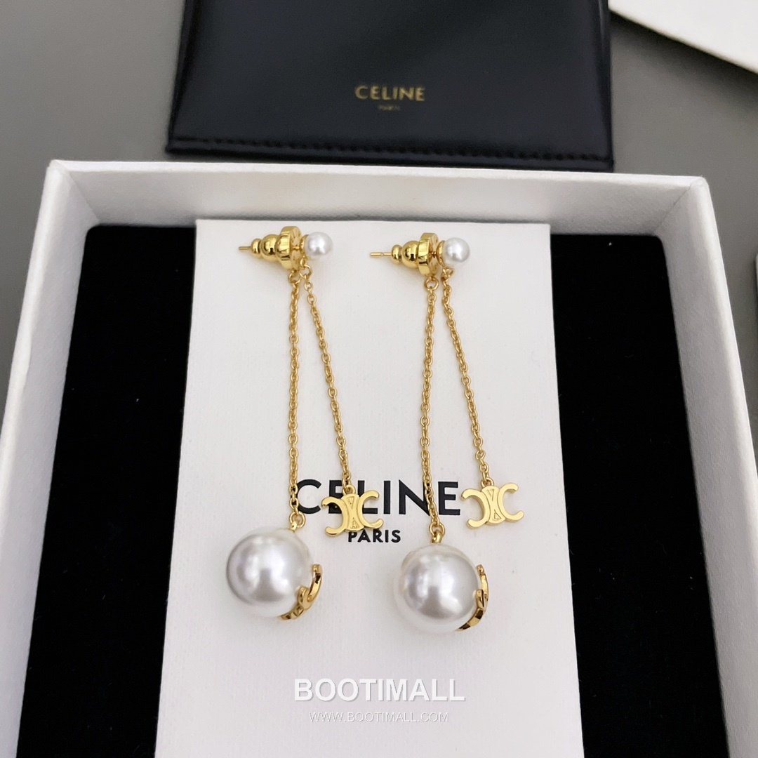 Celine Triomphe Brass Gold Plated Earring with Double Chain Logo Pendant Bead 셀린느 트리옹프 황동 베이스 금도금 이어링 더블 체인 로고 펜던트 비드 7