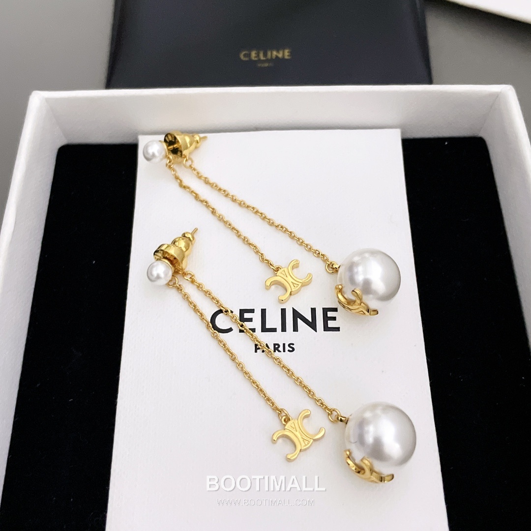 Celine Triomphe Brass Gold Plated Earring with Double Chain Logo Pendant Bead 셀린느 트리옹프 황동 베이스 금도금 이어링 더블 체인 로고 펜던트 비드 8